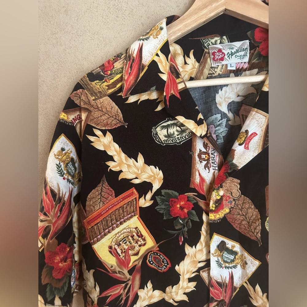 Vintage Hilo Hattie Authentic Hawaiian Aloha Shirt Cigar Brands Print Size Large